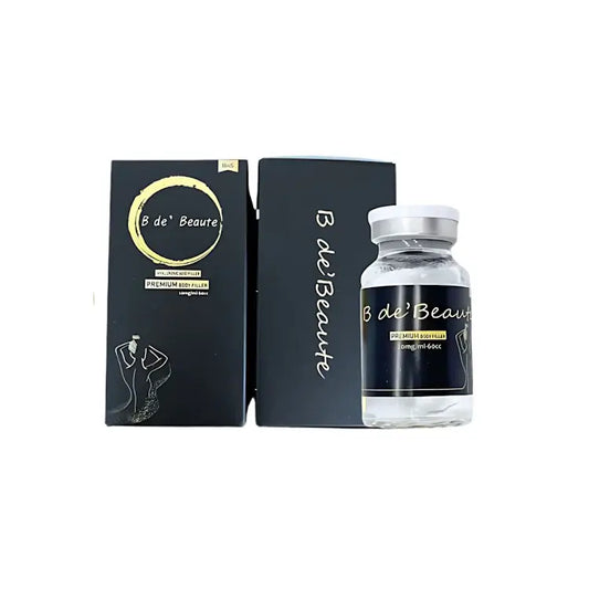 B de’ Beaute Body Filler vial and packaging, premium hyaluronic acid for body contouring and volumization.