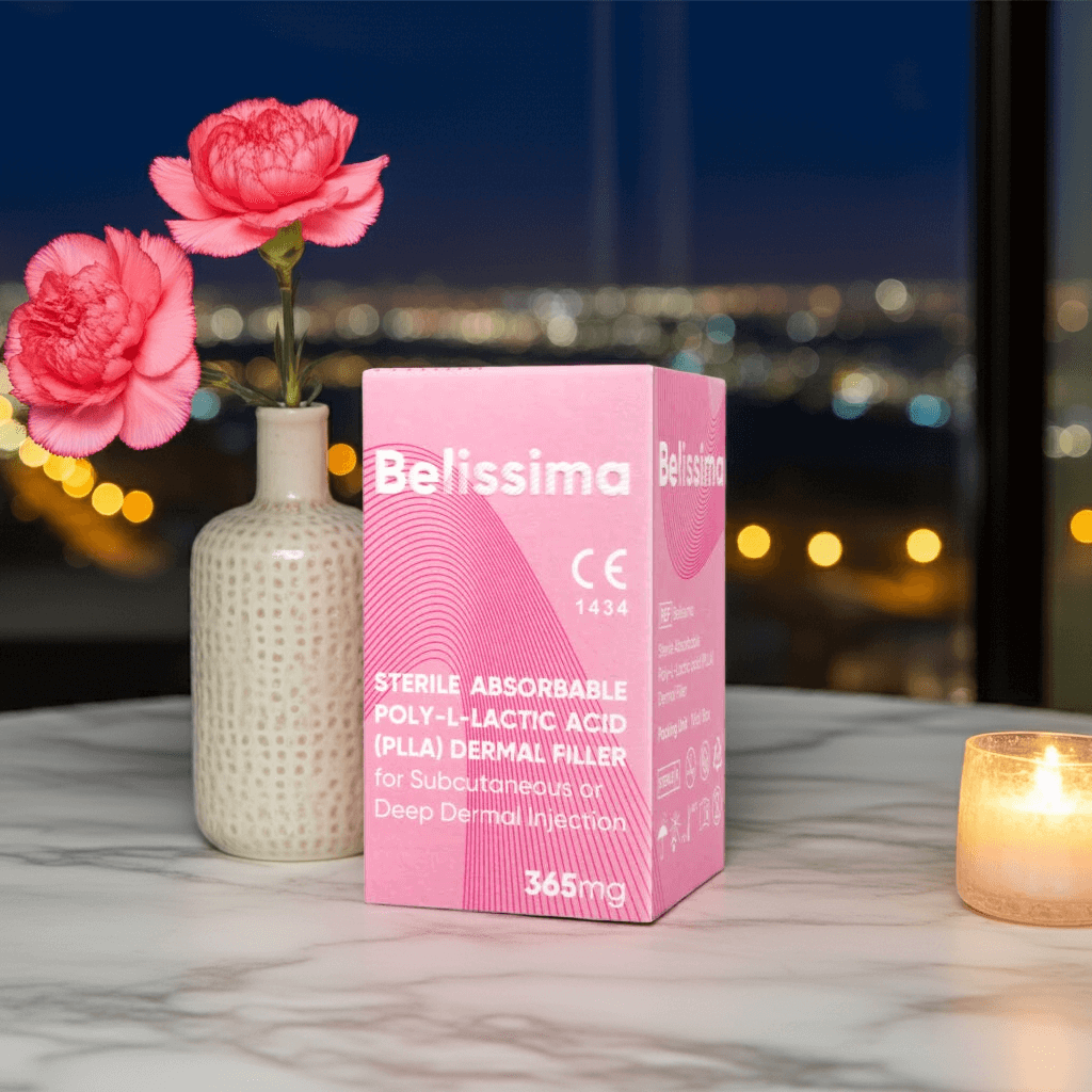 Belissima (365mg) box on marble table with vase and flowers, promoting collagen stimulation at Nutrination.