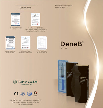 DeneB Classic-H Body Filler packaging with syringe and certification documents, buy dene b classic s canada