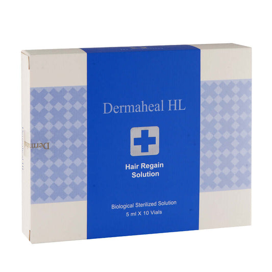 DERMAHEAL HL Hair Regain Solution pack with 10 vials, enriched with peptides and vitamins for nutritious scalp care.