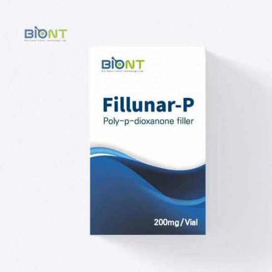 Fillunar-P poly-p-dioxanone filler packaging by BIONT, featuring a 200mg vial for enhanced skin rejuvenation.