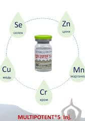 Multi Potent 5 vial surrounded by nutrient symbols for skin health and energy, available at Nutrination.