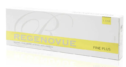 REGENOVUE Fine Plus packaging showcasing hyaluronic acid gel for delicate wrinkle correction and minimal discomfort.
