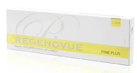 REGENOVUE Fine Plus packaging showcasing hyaluronic acid gel for delicate wrinkle correction and minimal discomfort.