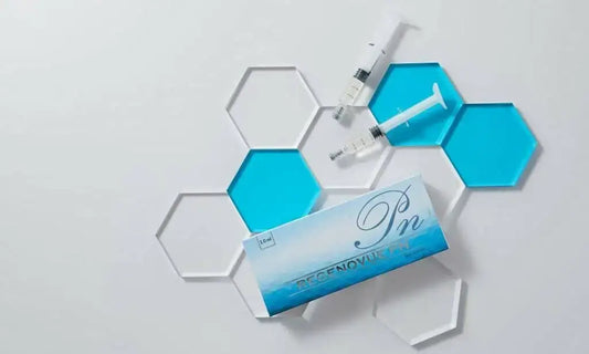 Regenovue PN packaging with syringes on blue hexagon background, from Nutrination for skin rejuvenation.