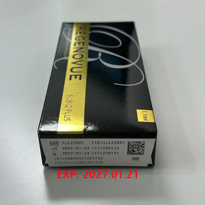 REGENOVUE SUB-Q Plus box packaging, high-viscosity filler for deep volume and facial contouring. Nutrination technology included.