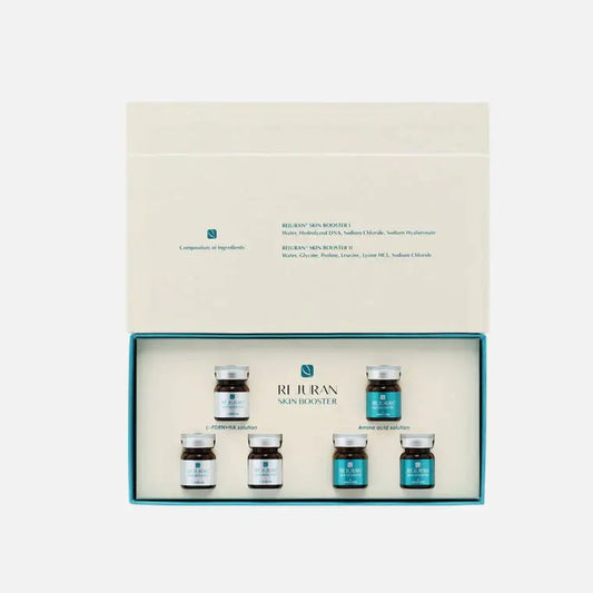 Rejuran Skin Booster kit showcasing vials for deep skin regeneration and nourishment with polynucleotide power.