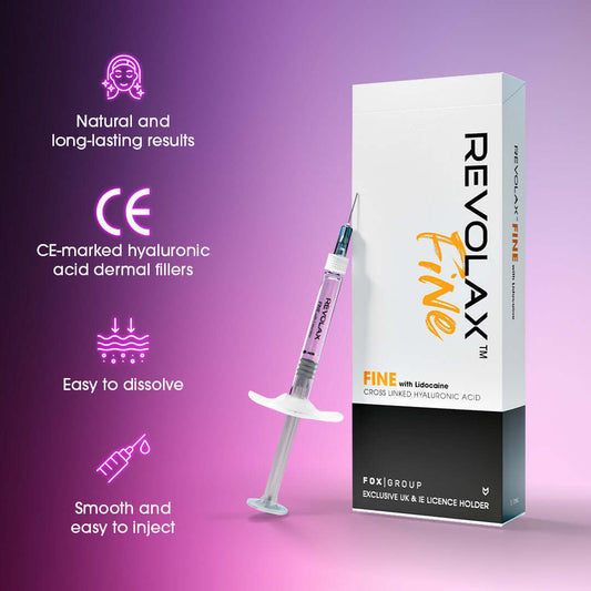 Revolax Fine hyaluronic acid filler by Nutrination, designed for fine lines, with easy injection and natural results.