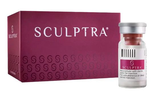 Sculptra 1x 5mg vial and box for collagen biostimulation and long-term facial rejuvenation by Nutrination.