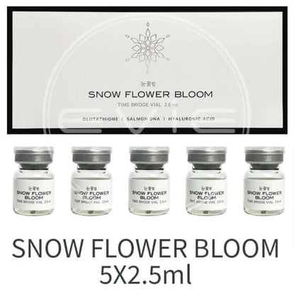 Snow Flower Bloom by Nutrination: 5 vials of 2.5ml mesotherapy solution with glutathione, salmon DNA, and hyaluronic acid.