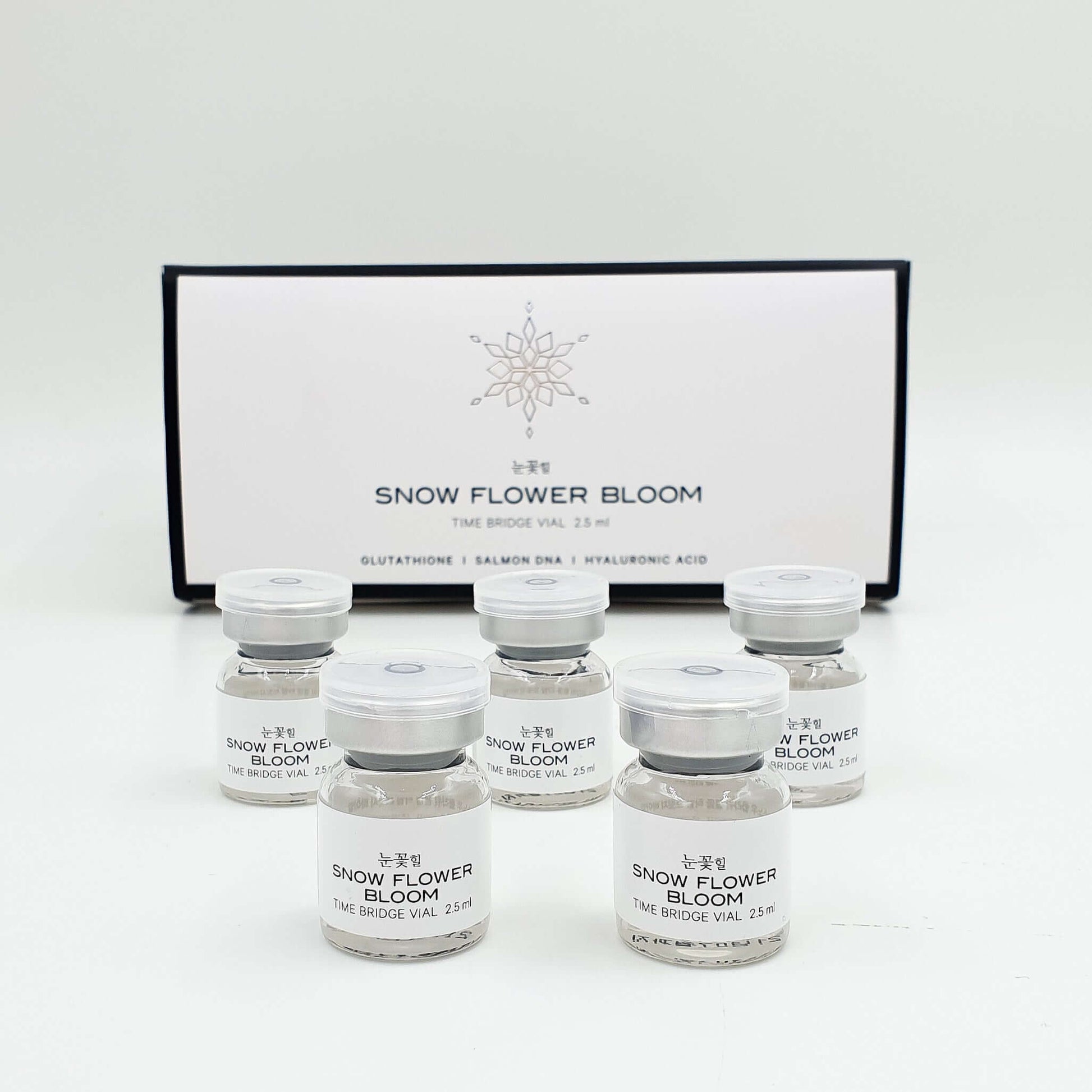 Snow Flower Bloom vials by Nutrination, featuring glutathione, salmon DNA, and hyaluronic acid for skin health.