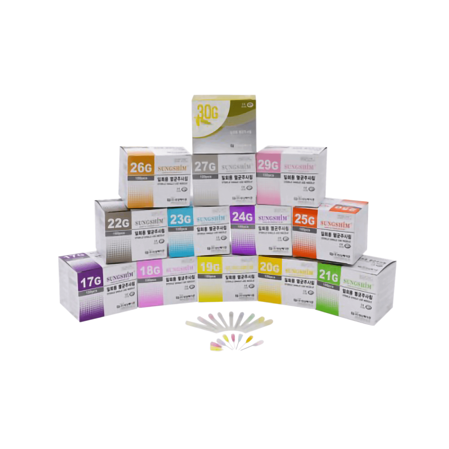Sungshim sterile single-use needles in various gauges, including 27G, for Nutrination, displayed in colorful boxes.