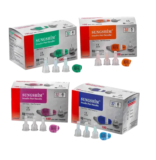Sungshim insulin pen needles in various gauges, 100 pcs each, promoting comfort and precision for daily use at Nutrination.
