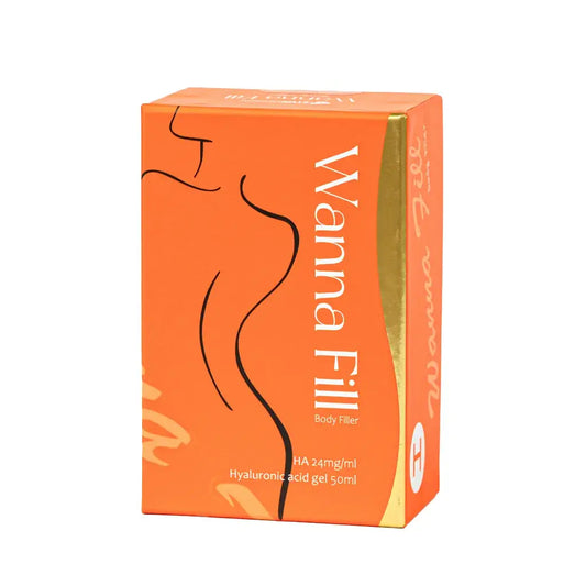 Wanna Fill H body filler box showcasing hyaluronic acid gel for high-impact sculpting and natural-looking results by Nutrination.