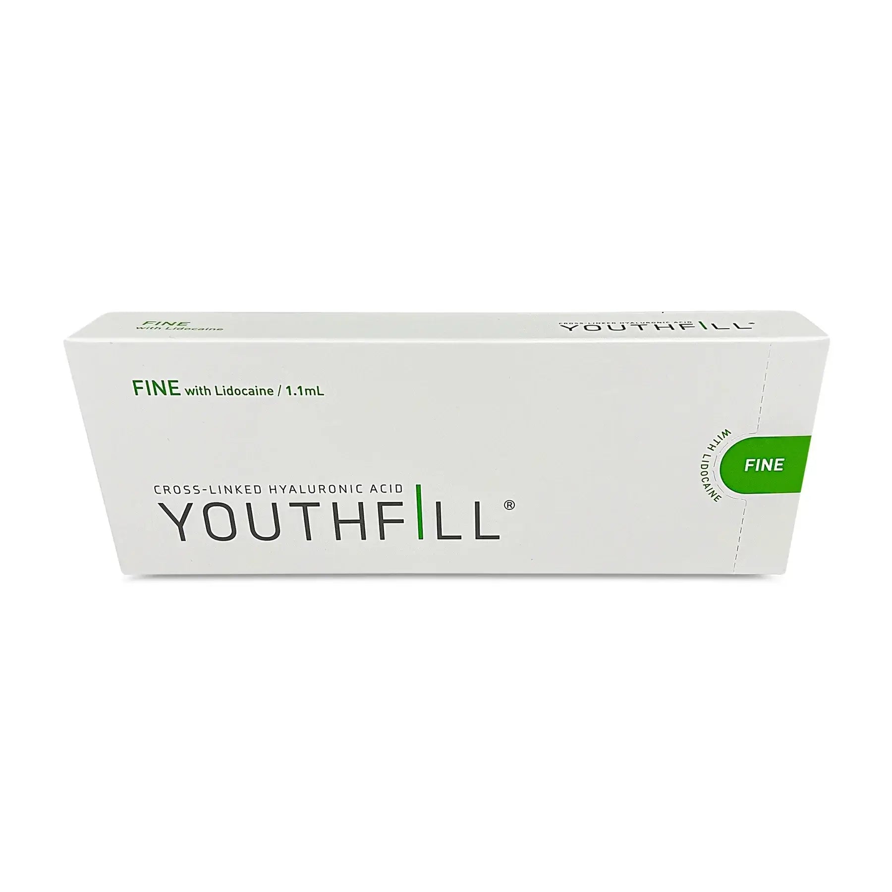 Youth Fill Fine hyaluronic acid filler box with lidocaine for subtle hydration and wrinkle correction.