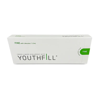 Youth Fill Fine hyaluronic acid filler box with lidocaine for subtle hydration and wrinkle correction.