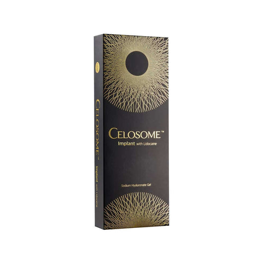 Celosome Implant box with lidocaine, high-viscosity filler for structural support and facial contouring.