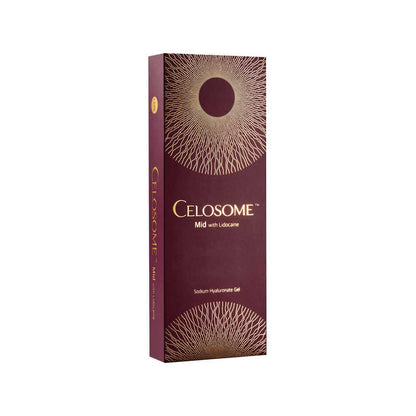 Celosome Mid filler packaging with lidocaine for medium-depth wrinkles and enhanced facial volume.
