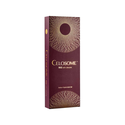 Celosome Mid filler packaging with lidocaine for medium-depth wrinkles and enhanced facial volume.
