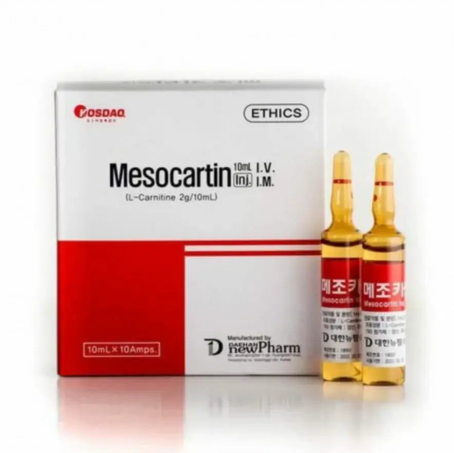 Meso Cartin 10ml x 10A pack by Nutrination, featuring L-carnitine ampoules for metabolism support and athletic performance.