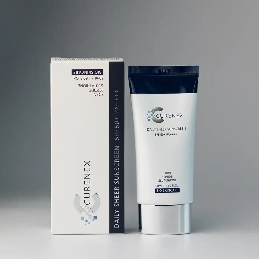 CURENEX SHEER SUNSCREEN tube and box showcasing lightweight UVA/UVB protection with PDRN and peptid complex.