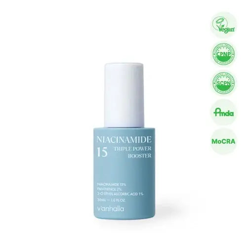 Vanhalla Niacinamide Triple Power Booster serum for brightening, strengthening skin with vitamin B3, vegan certified.