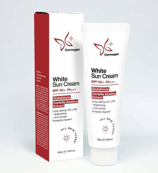 White Sun Cream with SPF 50+ from Dermagen, featuring antioxidant-rich formula for brightening and skin protection.