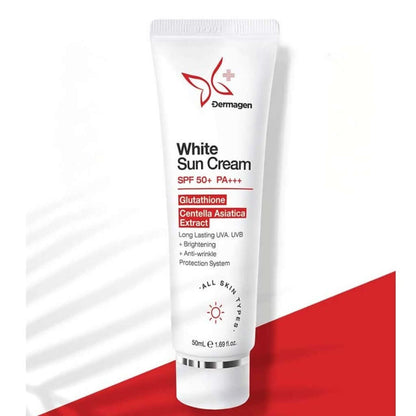 White Sun Cream by Dermagen, 50g, SPF 50+, brightening with Glutathione, Centella for all skin types, anti-aging benefits.