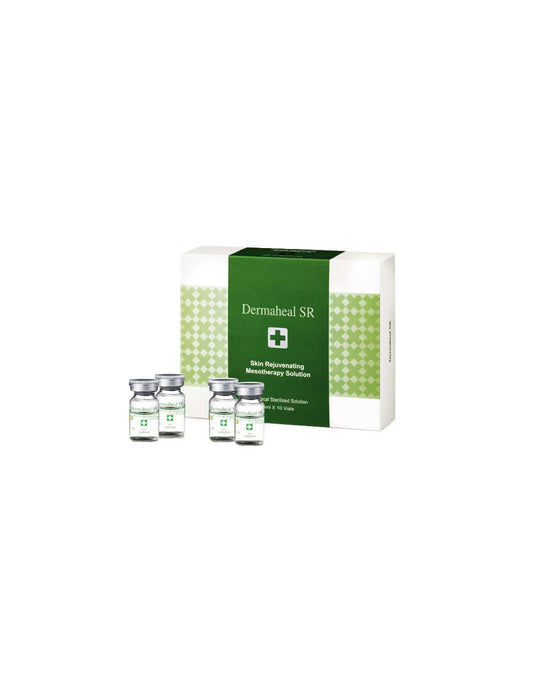 DERMAHEAL SR anti-aging skin rejuvenating solution with hyaluronic acid and growth factors in vials for hydration and revitalization.