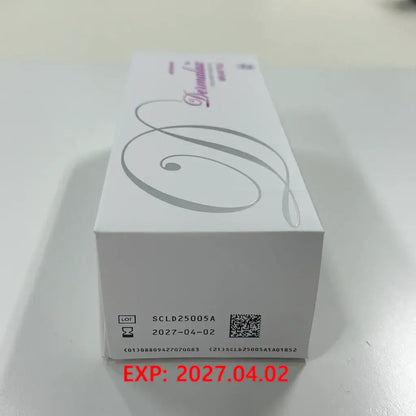 Dermalax Implant packaging box showcasing expiration date and lot number, emphasizing high-quality structural HA filler for facial contouring.