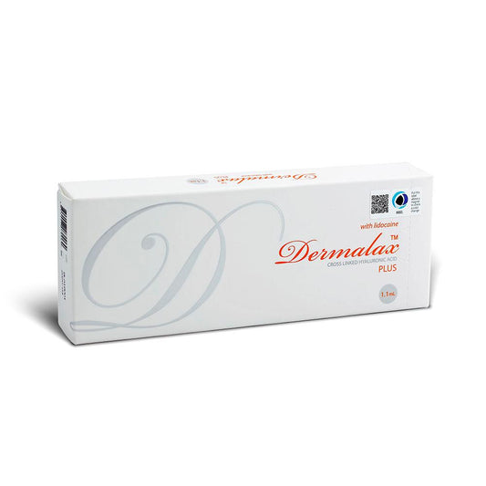 Dermalax Plus 1.1ml hyaluronic acid filler box from Nutrination for smooth skin and lip enhancement.