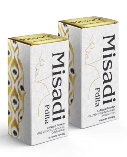MISADI PDLLA 200 MG packaging, a collagen stimulator with 77% active polylactic acid for facial volume and nutrients.