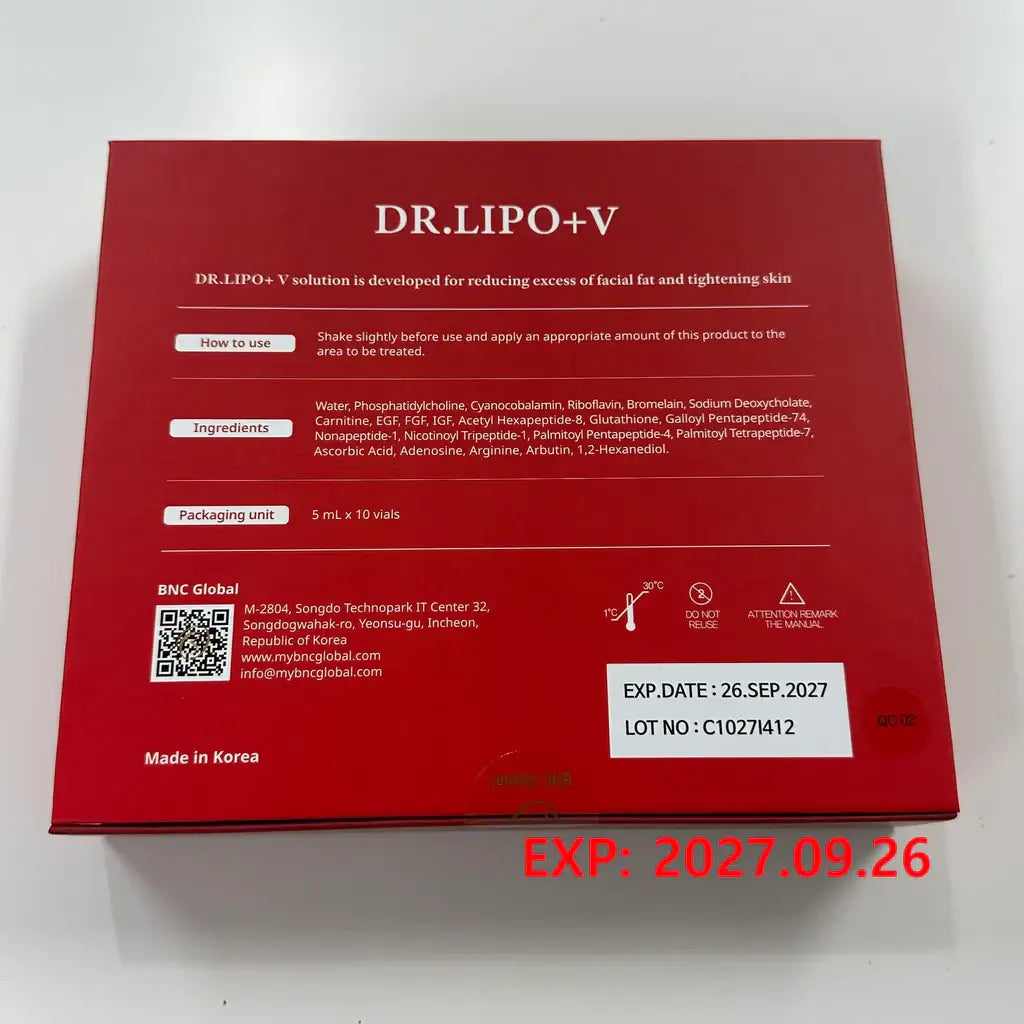 Dr Lipo+ V Face packaging showcasing product details, designed for adipose dissolving and redefining jawlines.
