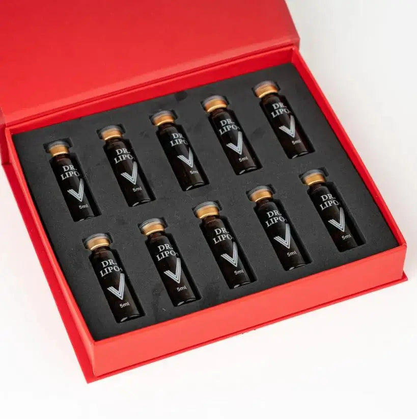 Dr Lipo+ V Face packaging with vials for targeted facial adipose dissolving treatment by Nutrination.