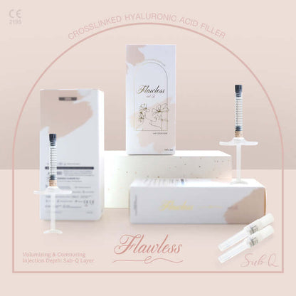 FLAWLESS Sub-Q packaging and syringes, high-density crosslinked hyaluronic acid filler for structural support and volumizing.