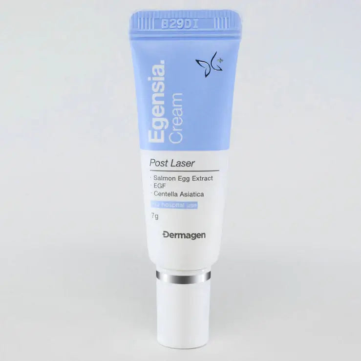 Egensia Post Laser Cream tube with salmon egg extract, EGF, and Centella Asiatica for sensitive skin recovery.