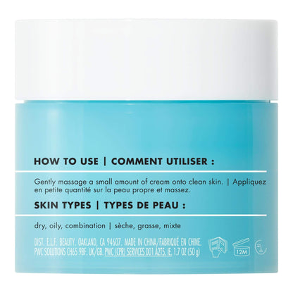 NutriNation e.l.f. Holy Hydration moisturizer instructions for use and skin types on packaging.