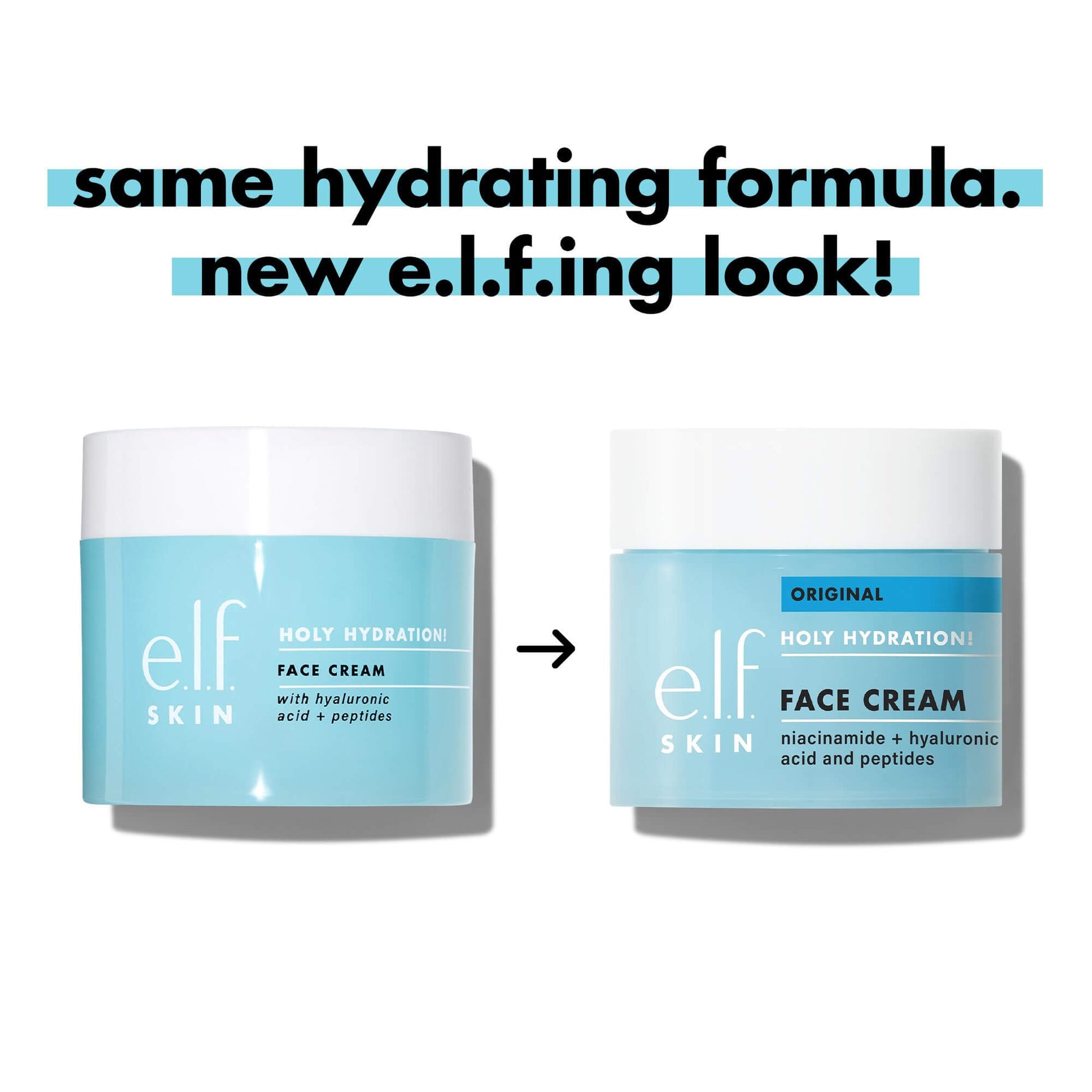 NutriNation e.l.f. Holy Hydration Face Cream showing new packaging, retaining the same moisturizing formula with peptides.