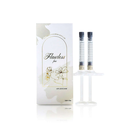 FLAWLESS Fine hyaluronic acid gel packaging with two 1ml syringes, ideal for smoothing fine lines and enhancing skin appearance.