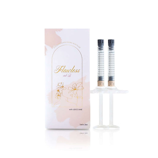 FLAWLESS Sub-Q gel syringes with packaging, 2x1ml, designed for structural support and volumization, includes lidocaine.