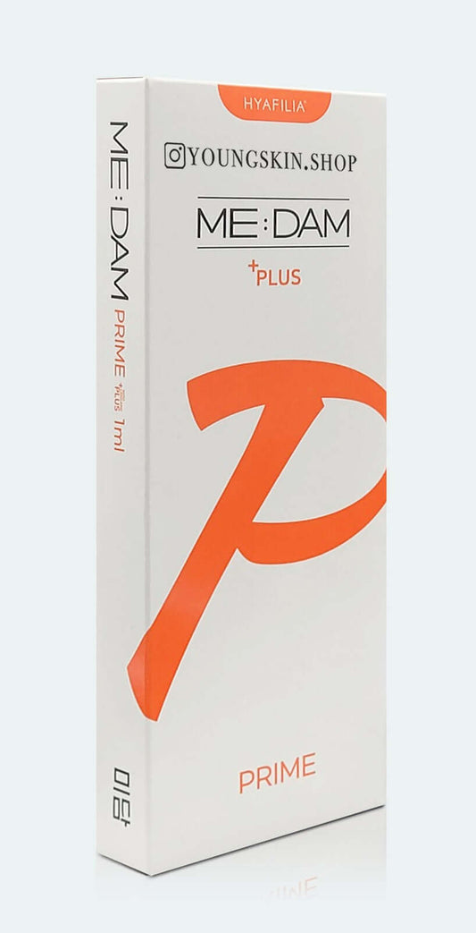 HYAFILIA ME:DAM Prime Plus packaging for wrinkle correction and lip enhancement, featuring cross-linked hyaluronic acid.