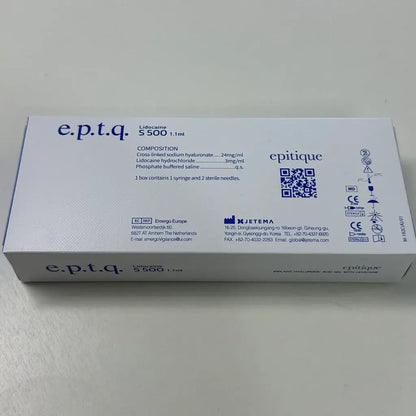EPTQ S500 high-density filler box, featuring ingredients and syringe details for facial contouring and wrinkle correction.
