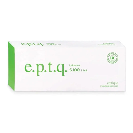EPTQ S100 ultra-fine dermal filler packaging for fine lines and lip refinement with lidocaine for enhanced comfort.