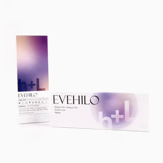 EVEHILO Balanced HA Booster packaging showcasing hyaluronic acid for natural rejuvenation and nutrination.