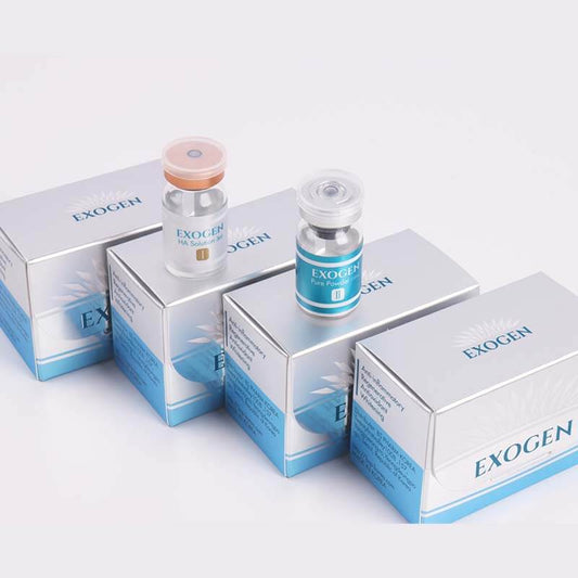 EXOGEN for hair and skin products in sleek packaging, featuring vials for exosome infusion and revitalization.