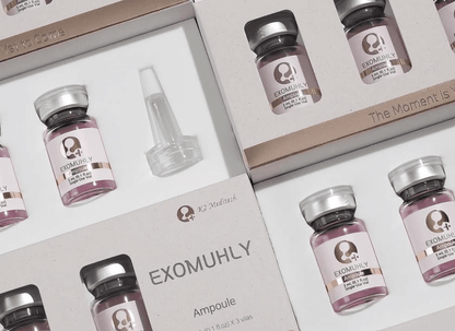 Exomuhly exosome therapy in a box, featuring 3 vials for skin rejuvenation and glow with Nutrination.