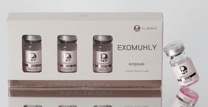 Exomuhly regenerative exosome therapy ampoules in a box, featuring 3 vials for enhanced skin repair and glow.