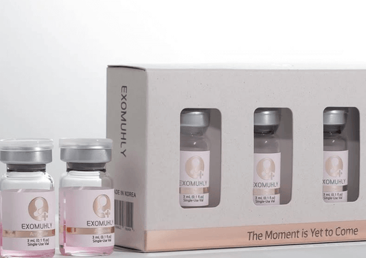 Exomuhly 3ml x 3 vials box showcasing regenerative exosome therapy for skin repair and glow with Nutrination.
