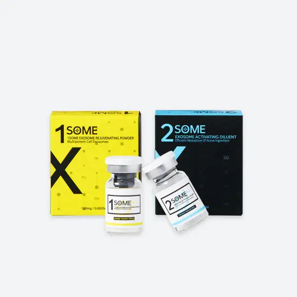 2XSOME Exosome Set with two vials and packaging for advanced skin regeneration and rejuvenation.