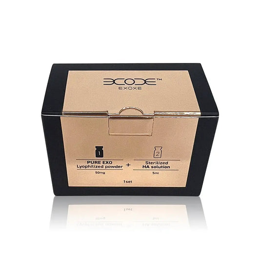 EXOXE Exosome Solution packaging featuring lyophilized powder and HA solution for facial rejuvenation.